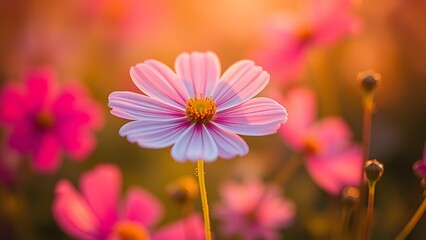 Vibrant cosmos flower bathed in golden hour light, capturing nature's delicate beauty.
