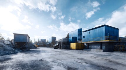 An industrial processing facility with blue and yellow structures under a cloudy sky