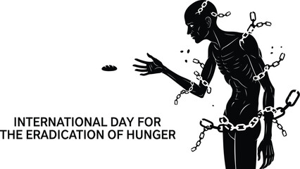Chained figure reaching for bread, symbolizing hunger eradication