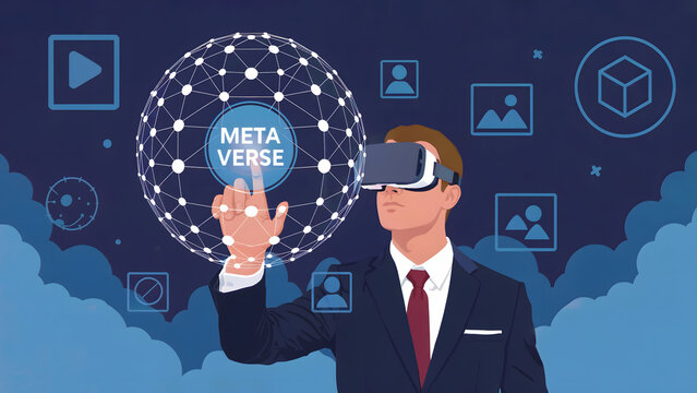 Man in suit wearing vr headset interacting with metaverse globe on a blue background with icons