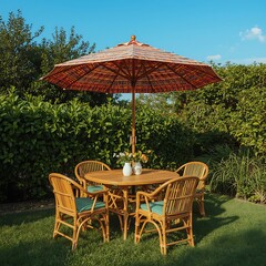 Fototapeta premium Cozy Outdoor Dining Wicker Furniture and Umbrella in Garden Setting
