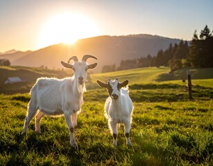 Obraz premium Two goats in a grassy field at sunset