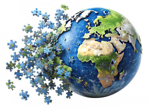 Earth globe disintegrating into puzzle pieces with abstract background Keywords: earth, globe isolated on a transparent background