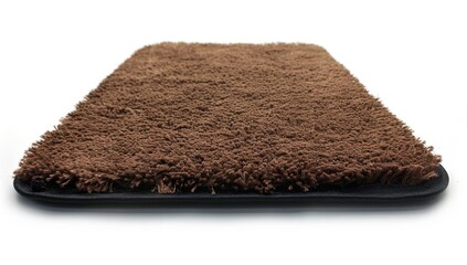 A brown, rectangular, fluffy mat with a dark base, angled to showcase texture and depth on a white backdrop