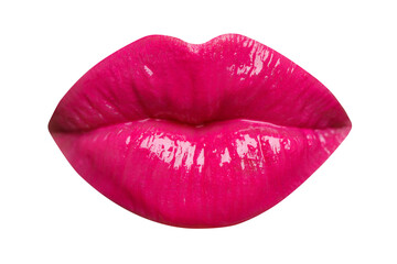 Female lips with bright pink lipstick isolated on white