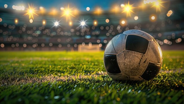 A well-worn soccer ball sits on a grassy field at night, under bright stadium lights. The background is blurry but shows a full stadium