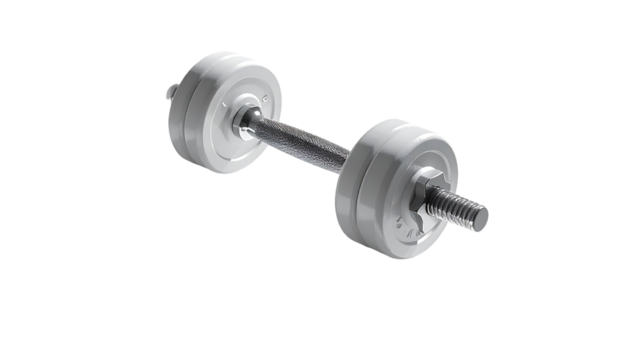 A white dumbbell with a metallic shaft, slightly angled, isolated on a black background. The weights are cylindrical with visible screw-on ends