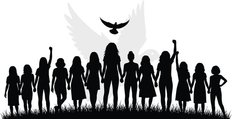 Diverse group of women holding hands in solidarity, a symbol of unity and hope against a bright sky.