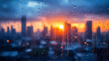 Rainy window sunset over city skyline