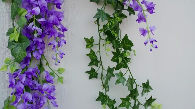Purple wisteria and ivy on a white wall