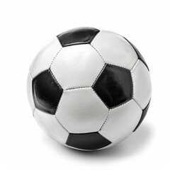 A classic black and white soccer ball, slightly angled, rests on a stark white background, casting a subtle shadow