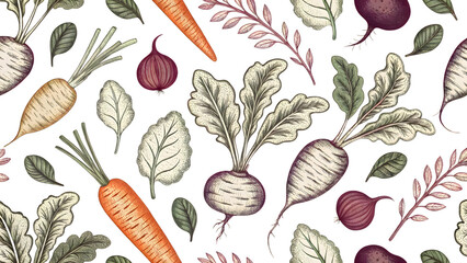 Engraved Garden Vegetables – Carrots, Beets, and Radishes on transparent background