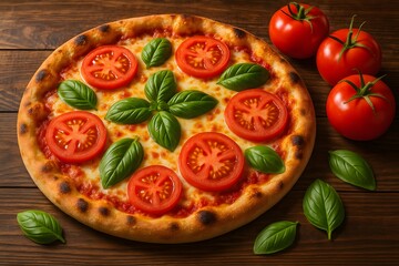 Delicious Margherita Pizza with Fresh Tomatoes and Basil on a Rustic Wooden Tabletop Surface