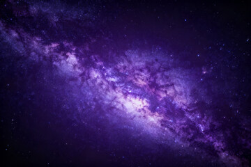 A vibrant purple galaxy with swirling nebulae and star clusters in deep space
