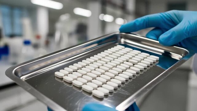 Scientist carefully handling tray of new antiviral medication tablets in modern lab for pharmaceutical research and development with gloved hands