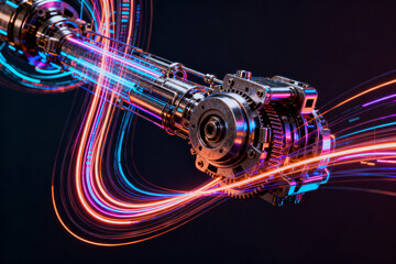 Futuristic mechanical device with glowing energy trails and intricate metallic components