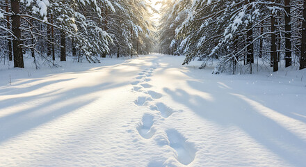 Footprints lead down a sunlit snowy path through a serene winter forest.