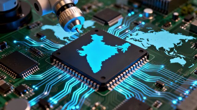 Dynamic robotic arm illuminates India's digital future on a futuristic circuit board, symbolizing technological advancement and global connectivity.