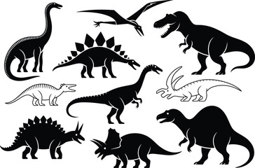 Dinosaur silhouettes, prehistoric creatures, black vector icons, Jurassic animals, extinct species, educational illustration, fossil era, reptile shapes, white background, evolution graphics