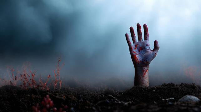 Dark Halloween background with bloody hand of zombie emerging from ground, spooky fog atmosphere. SEO spooky zombie hand, Halloween undead background, bloody horror scene, scary gr