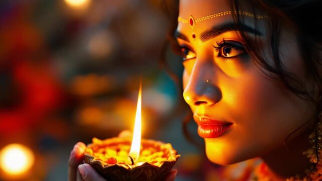 Sacred chhath puja celebration with a devoted indian woman holding a traditional lit diya embodying spiritual reverence and festive traditions