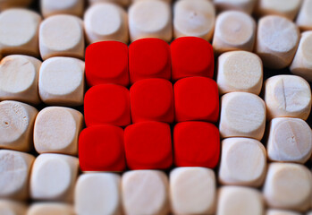 group of red wooden cubes, abstract concept background 