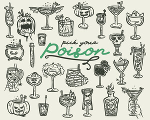 Halloween Cocktails and Poisons Set - vector hand drawn illustration