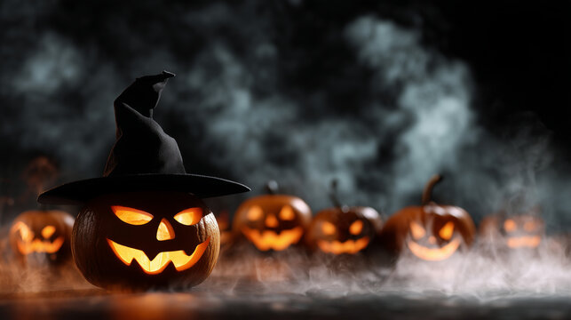 Halloween pumpkin with glowing face and witch hat in smoky mist, surrounded by scary carved pumpkins on black background. glowing pumpkin witch hat, jack o lantern smoke, scary car