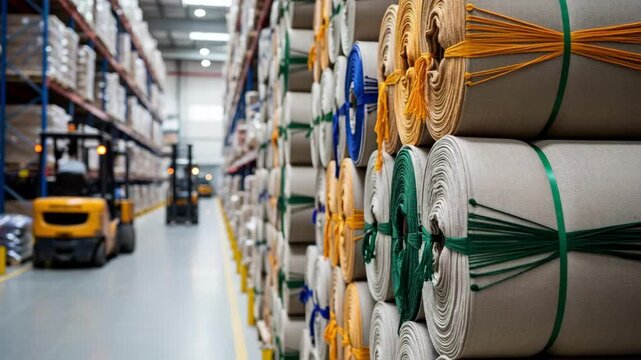Textile rolls stacked high in vast warehouse ready for shipping and distribution by forklifts promising efficiency and organized inventory management