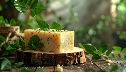 Natural soap bar surrounded by greenery