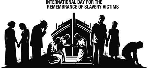 Silhouettes commemorating slavery victims with boat and figures of grief and loss