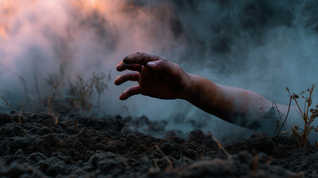 Creepy undead arm breaking through dirt, smoke and mist around, dramatic Halloween horror concept. SEO undead arm soil, Halloween creepy photo, horror zombie rising, foggy scary ba