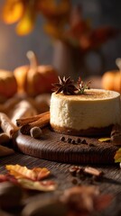 A small pumpkin cheesecake sits on a dark wooden board, surrounded by autumnal decorations including cinnamon sticks, star anise, and small pumpkins.  Warm lighting enhances the cozy feel