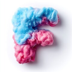 A capital letter 'F' formed from pink and light-blue spun sugar, set against a stark white background.  The sugary confection creates a soft, fluffy texture