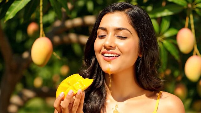 A beautiful young woman blissfully enjoys a ripe mango outdoors, its juice dripping down her chin as she closes her eyes in contentment.

