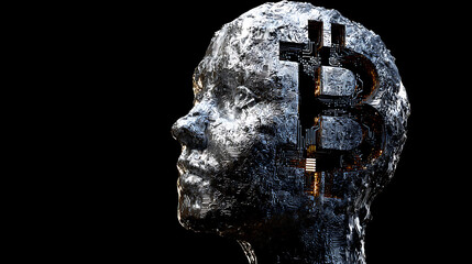 Metallic human head sculpture with embedded digital circuitry and Bitcoin symbol
