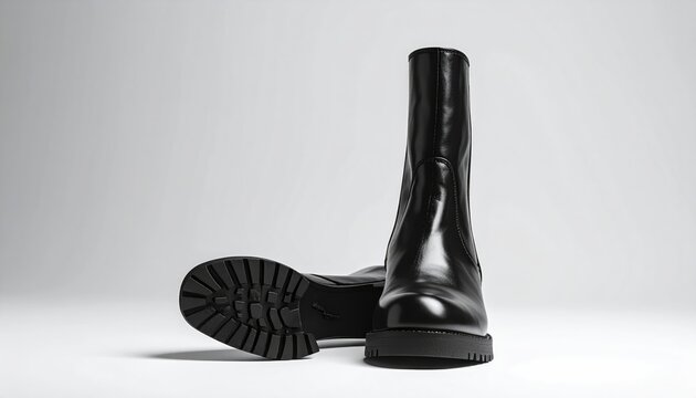 Sleek, black leather boots with chunky soles are displayed against a bright background, one lying on its side - Powered by Adobe