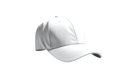 A plain white baseball cap, angled slightly to the right, shown against a black background.  The cap has a structured crown and a curved brim