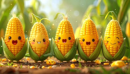Happy corn cobs in a field