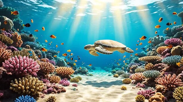 A fantastical close-up shot of a keyhole in a wooden door, which reveals a vibrant, sun-drenched underwater world with a sea turtle and coral reef.