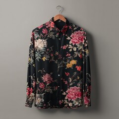 A black long-sleeved button-up shirt with a vibrant floral print hangs on a wooden hanger against a neutral backdrop.  The shirt features a variety of colorful flowers and foliage