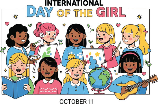 Diverse group of girls celebrating International Day of the Girl with art and music