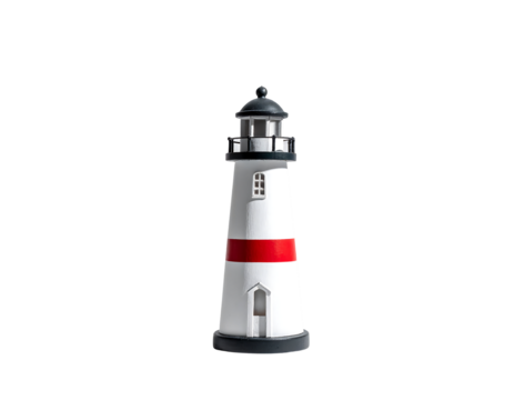 Miniature lighthouse model, white with red band, black roof and base, isolated on black background