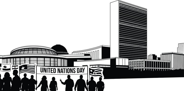 United Nations Day illustration with diverse people holding flags and banner