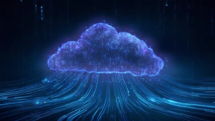 Digital cloud icon made of glowing particles processing and transferring streams of binary information representing big data storage, web hosting, and online computing services on a network - Powered by Adobe
