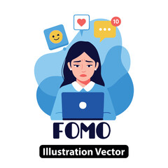 FOMO Sad Woman with Laptop - Fear of Missing Out Social Media Concept Vector