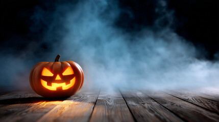 Halloween Jack-oâ-lantern glowing with sinister smile, placed on old wooden table, surrounded by mist and smoke, spooky dark background, cinematic horror atmosphere.Halloween pumpk