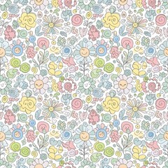 Fototapeta premium A whimsical and cheerful seamless pattern featuring a variety of cute, smiling flowers and playful elements in pastel colors.