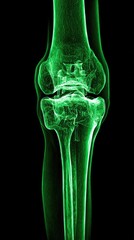 A detailed, green-toned X-ray image showcases the intricate structure of a human knee joint, extending down to the lower leg bone, set against a stark black background