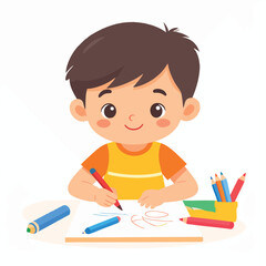A young boy with brown hair is happily drawing on a white sheet of paper with colored pencils.